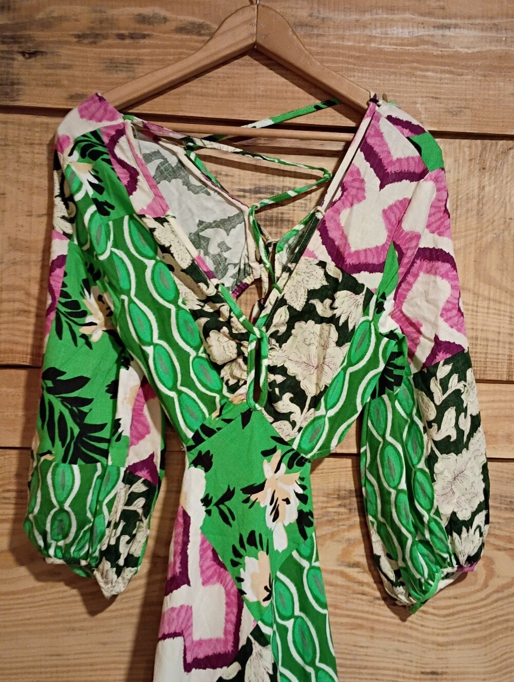 Zara Green Floral & Pink Tropical Linen Maxi Dress Resort Summer Vacation - Picture 5 of 8